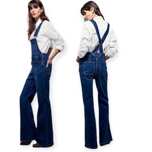 Free People Teague Wide Flare Leg Denim Overalls Cross Back Size 25 70s Boho